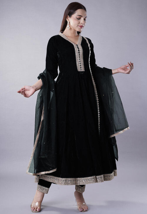 Buy Embroidered Velvet Anarkali Suit in Black Online KUR353