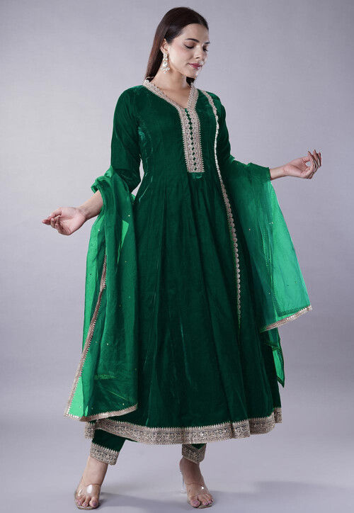 UtsavFashion Embroidered Velvet Anarkali Suit in Dark Green