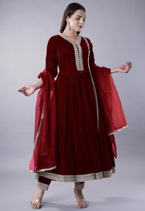 Buy Embroidered Velvet Anarkali Suit in Maroon Online KUR357 Utsav Fashion
