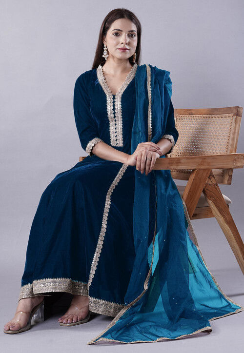 Embroidered Velvet Anarkali Suit in Teal Blue