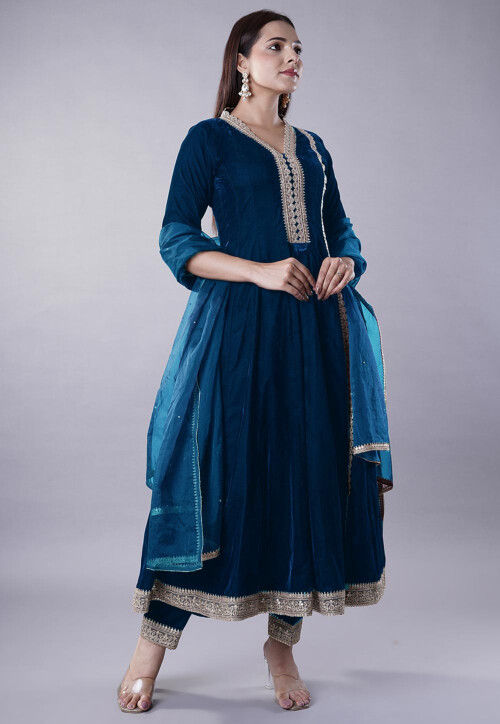 Embroidered Velvet Anarkali Suit in Teal Blue