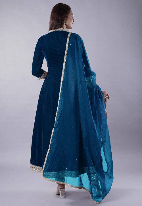 Embroidered Velvet Anarkali Suit in Teal Blue