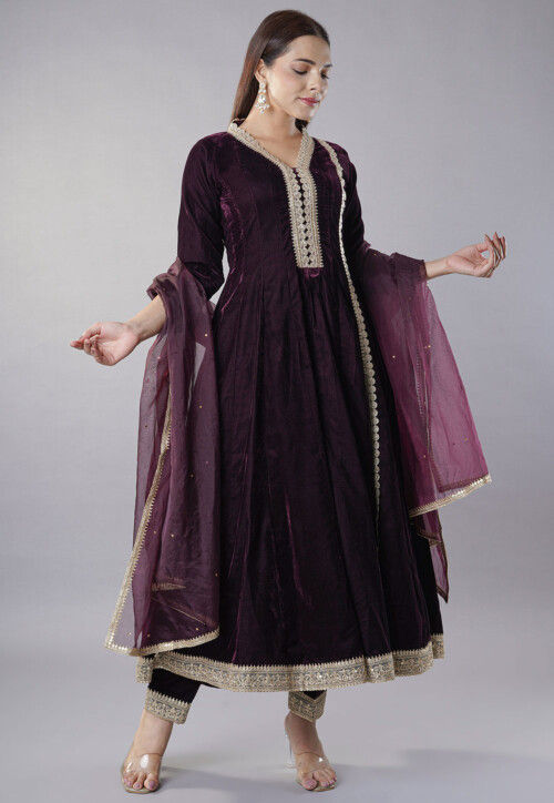 UtsavFashion Embroidered Velvet Anarkali Suit in Wine