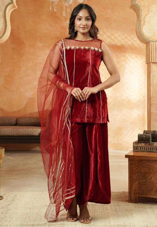 Embroidered Velvet and Net Pakistani Suit in Maroon