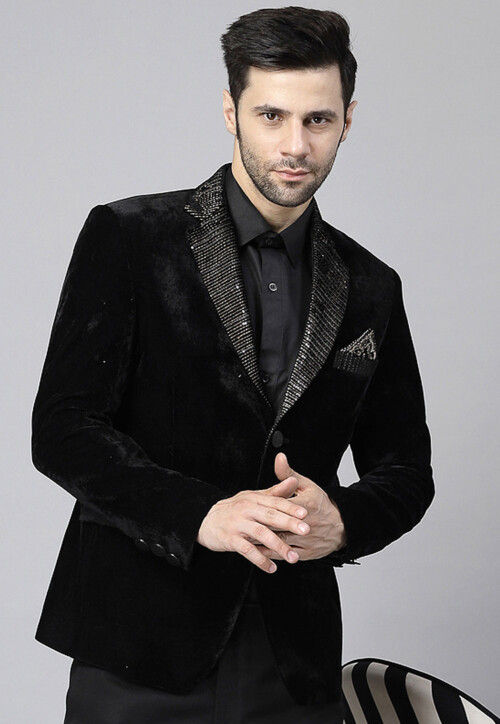 Buy Embroidered Velvet Blazer in Black Online MXX1041 Utsav