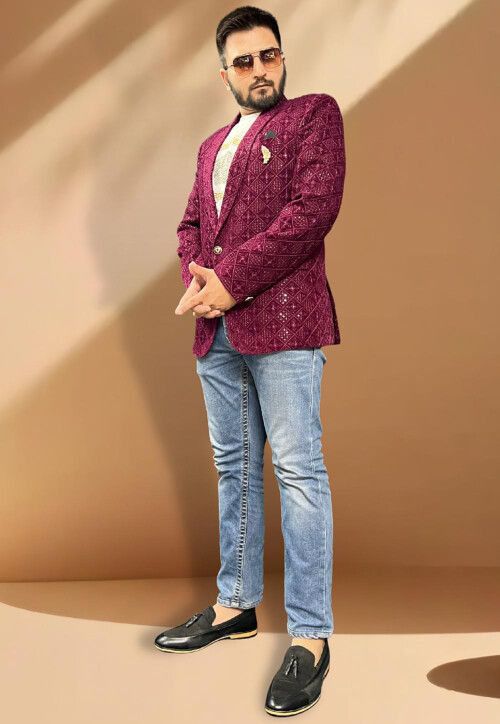 Buy Embroidered Velvet Blazer in Magenta Online MUY1026 Utsav Fashion