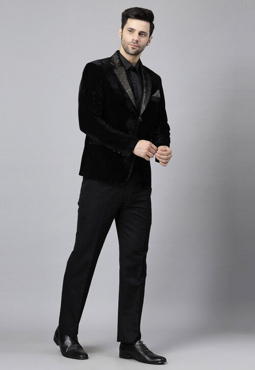 Embroidered Velvet Blazer Set in Black