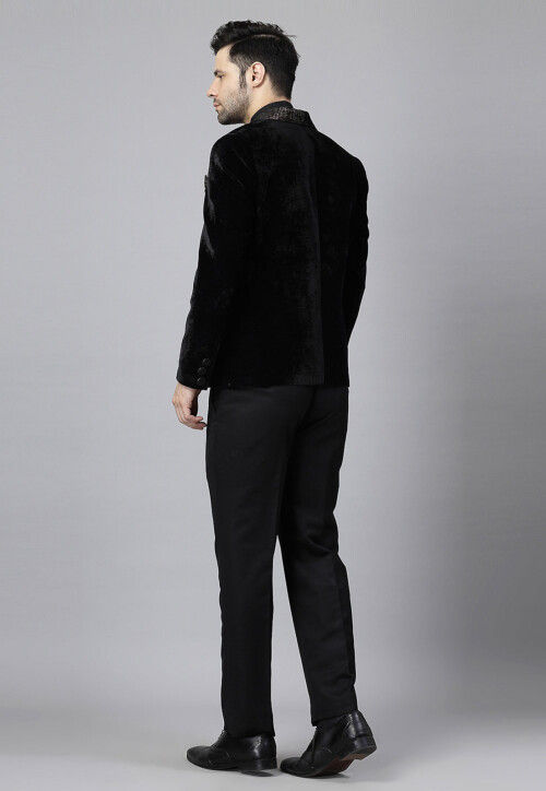 Embroidered Velvet Blazer Set in Black