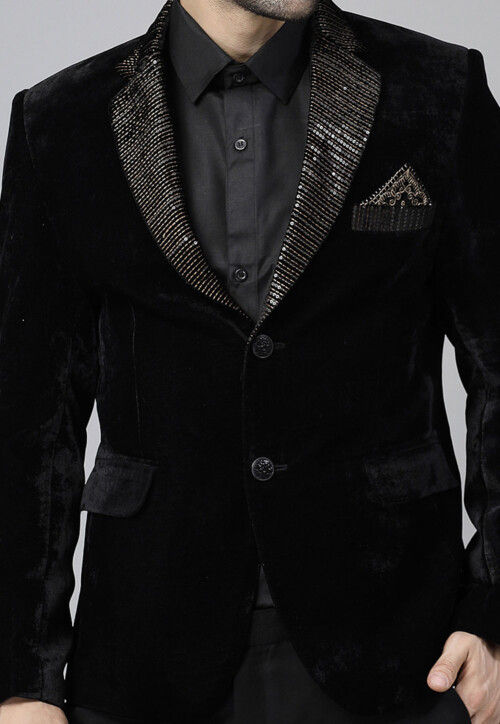 Embroidered Velvet Blazer Set in Black