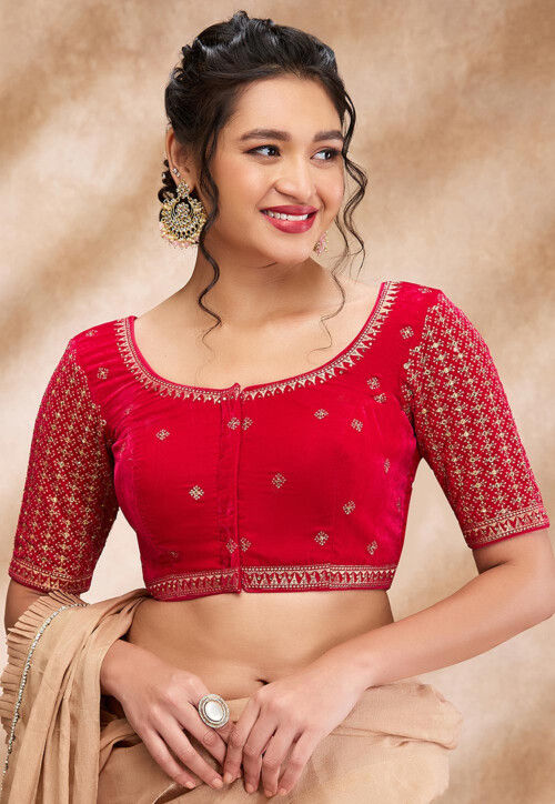 Buy Embroidered Velvet Blouse in Fuchsia Online UVC1859 Utsav