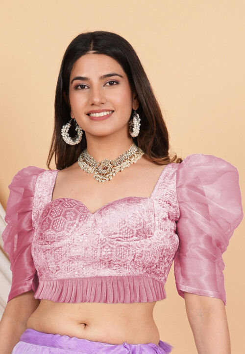 Buy Embroidered Velvet Blouse in Light Pink Online DBU1008