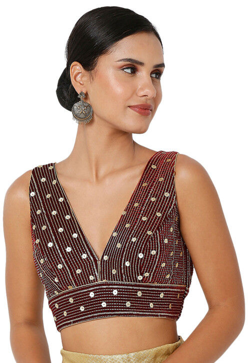 Embroidered Velvet Blouse in Maroon