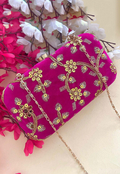 Embroidered Velvet Clutch Bag in Pink