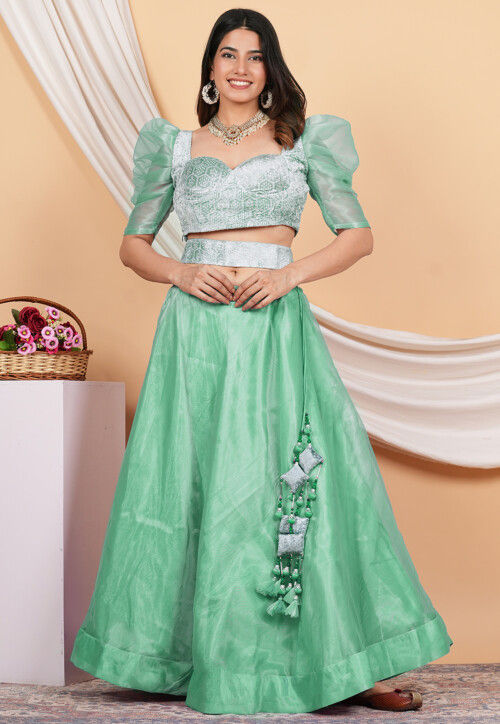 Buy Embroidered Velvet Crop Top Set in Pastel Green Online TBQ849 Utsav Fashion