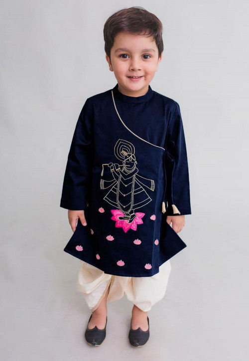 Embroidered Dupion Silk Dhoti Kurta in Navy Blue