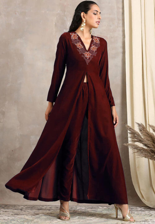 Embroidered Velvet Front Slit Kurta in Maroon