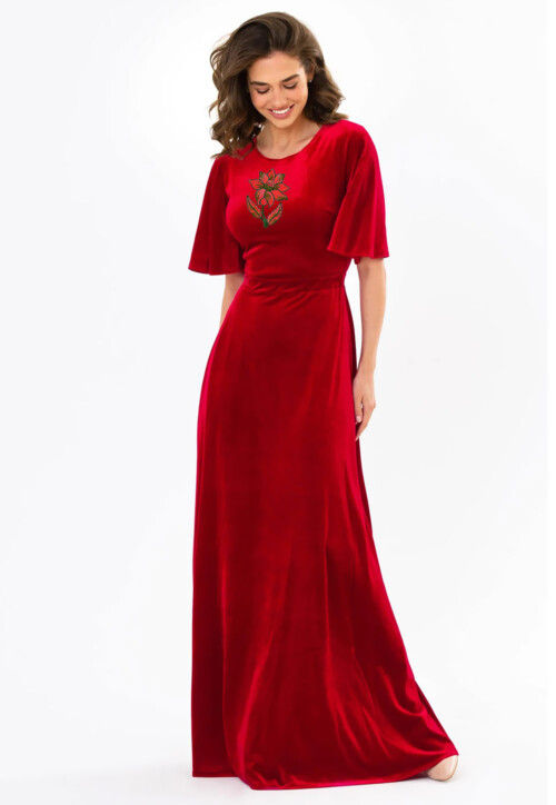 Embroidered Velvet Gown in Red