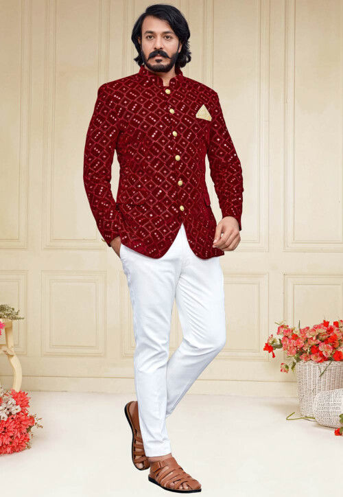 Buy Velvet Embroidered Jodhpuri Suit in Wine Online