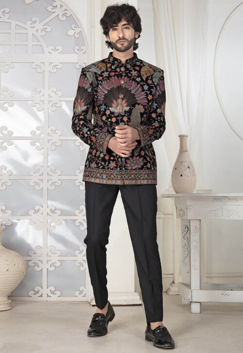 Embroidered Velvet Jodhpuri Suit in Black