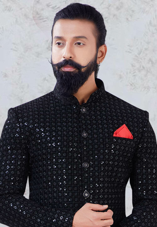 Embroidered Velvet Jodhpuri Suit in Black