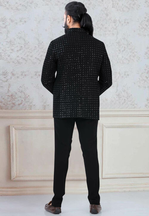 Embroidered Velvet Jodhpuri Suit in Black