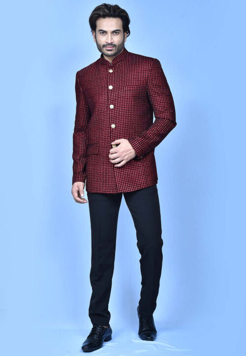 Men's Maroon Designer Self Textured Bandghala Jodhpuri Suit – Luxurazi