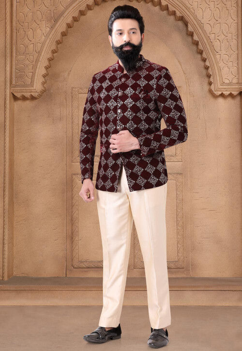 Embroidered Velvet Jodhpuri Suit in Maroon