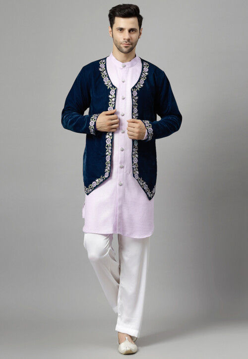 Embroidered Velvet Jodhpuri Suit in Navy Blue and Light Purple