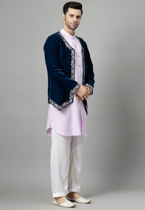 Embroidered Velvet Jodhpuri Suit in Navy Blue and Light Purple