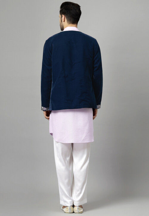 Embroidered Velvet Jodhpuri Suit in Navy Blue and Light Purple