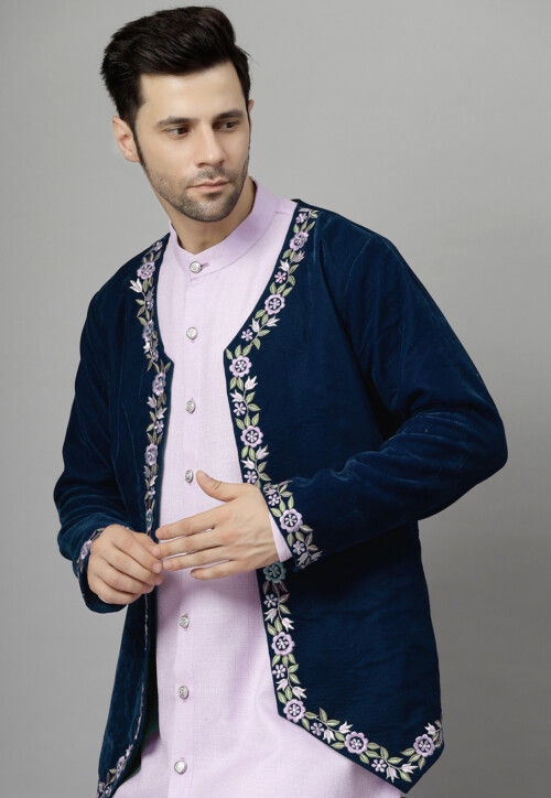 Embroidered Velvet Jodhpuri Suit in Navy Blue and Light Purple