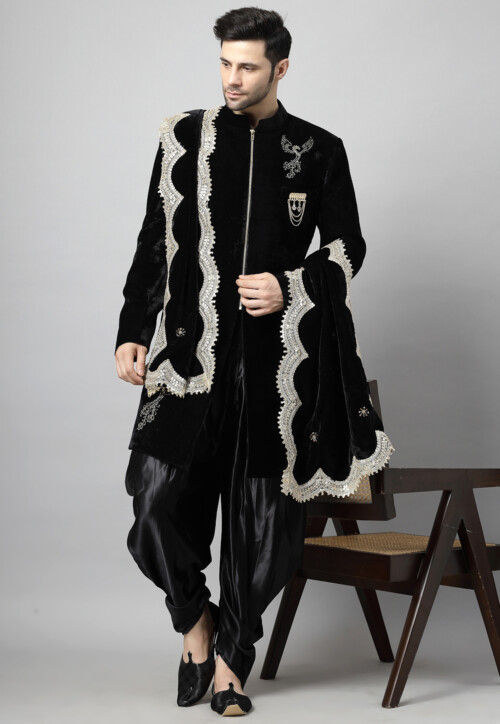 Buy Embroidered Velvet Kurta Set in Black Online MXX929 Utsav