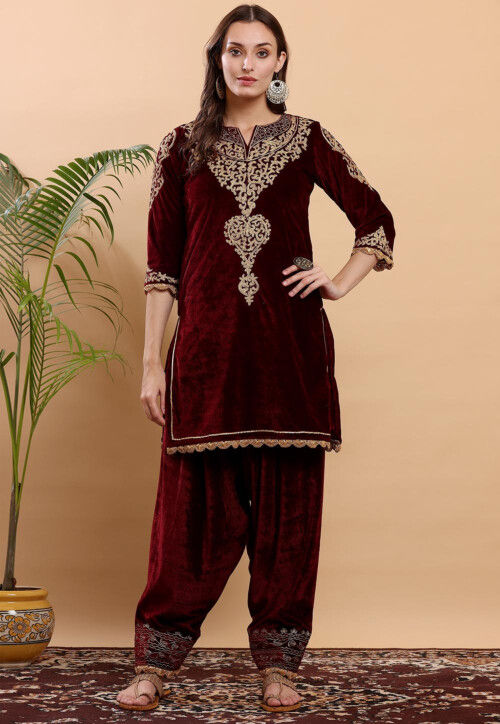 Embroidered Velvet Kurta Set in Maroon