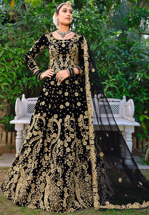 Velvet Embroidery Lehenga Choli In Black Colour-LD1780581