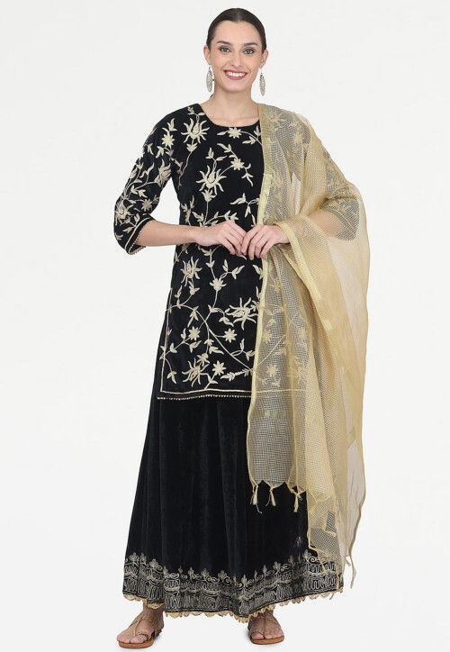 Embroidered Velvet Lehenga in Black