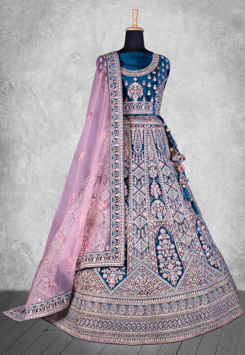 Embroidered Velvet Lehenga in Blue