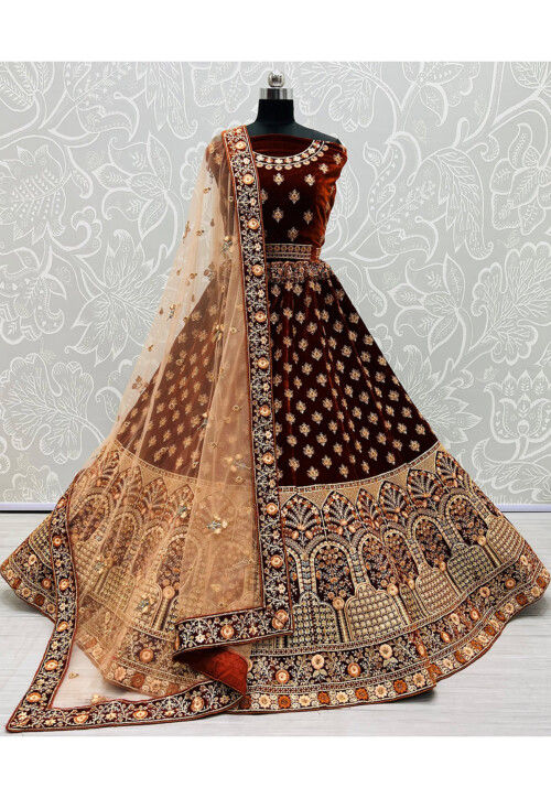 Embroidered Velvet Lehenga in Brown