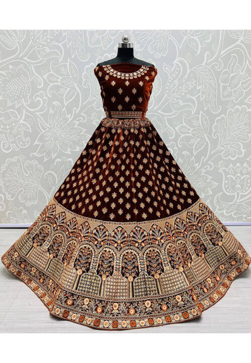 Embroidered Velvet Lehenga in Brown