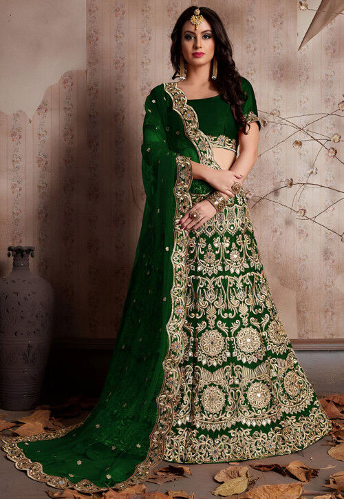 Embroidered Velvet Lehenga in Dark Green