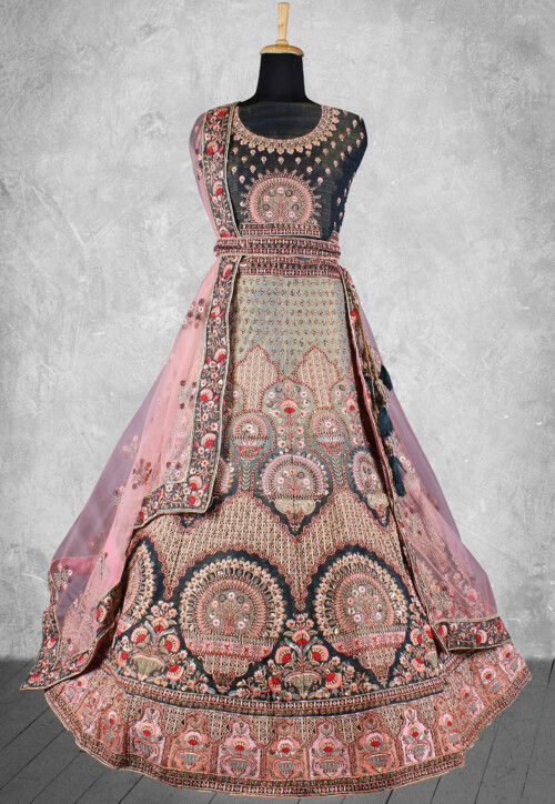 Embroidered Velvet Lehenga in Dusty Green and Black