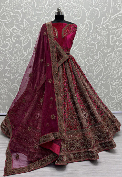 Embroidered Velvet Lehenga in Fuchsia