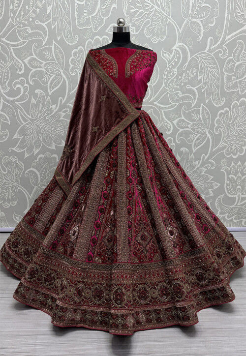 Embroidered Velvet Lehenga in Fuchsia