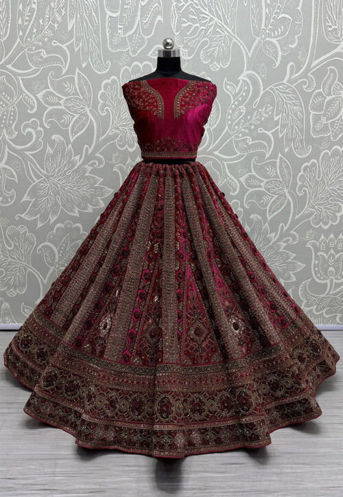 Embroidered Velvet Lehenga in Fuchsia