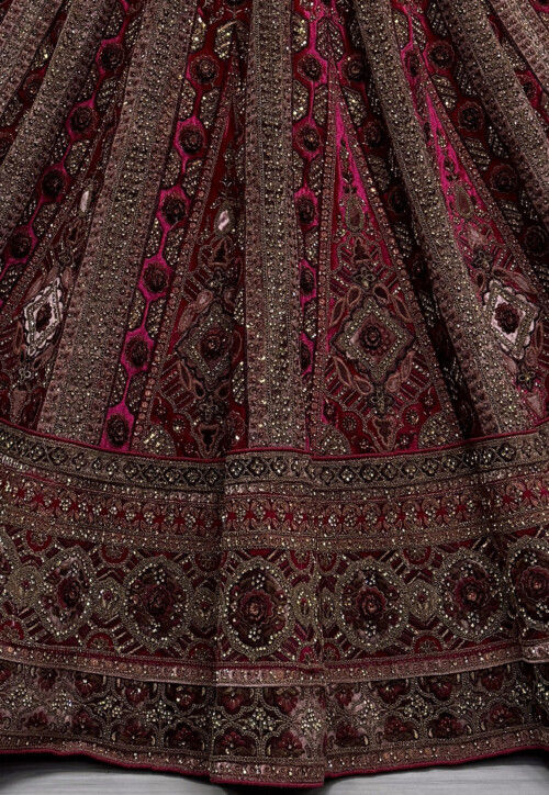 Embroidered Velvet Lehenga in Fuchsia