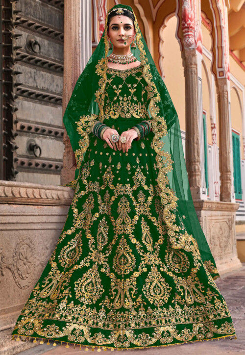 Embroidered Velvet Lehenga in Green