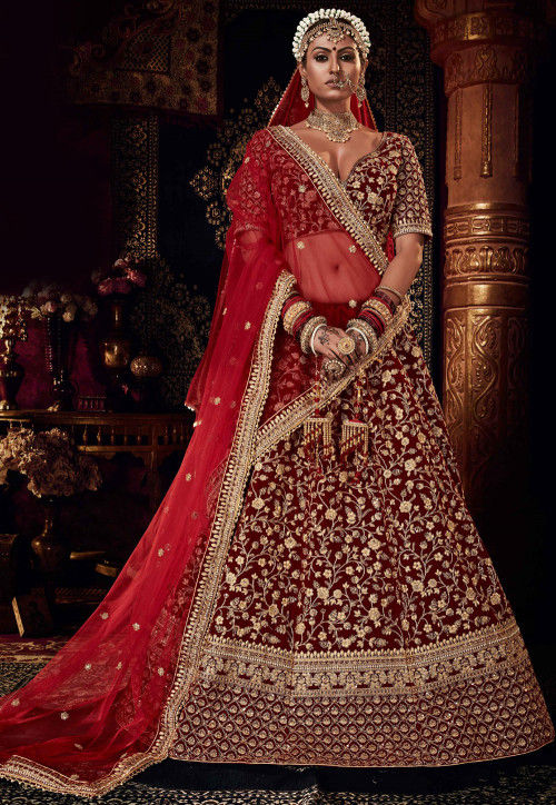 Zardozi and Sequins Embroidered Velvet Red Bridal Lehenga Set – Khushboo  Baheti
