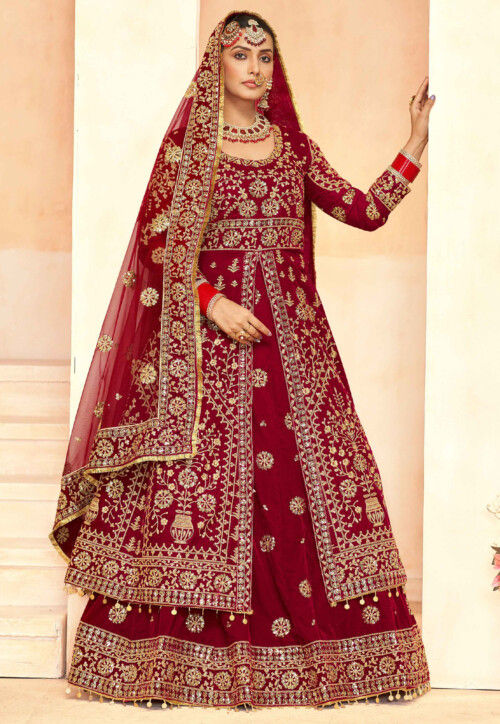 Embroidered Velvet Lehenga in Maroon