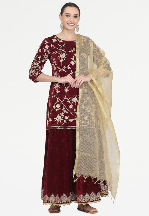 Embroidered Velvet Lehenga in Maroon