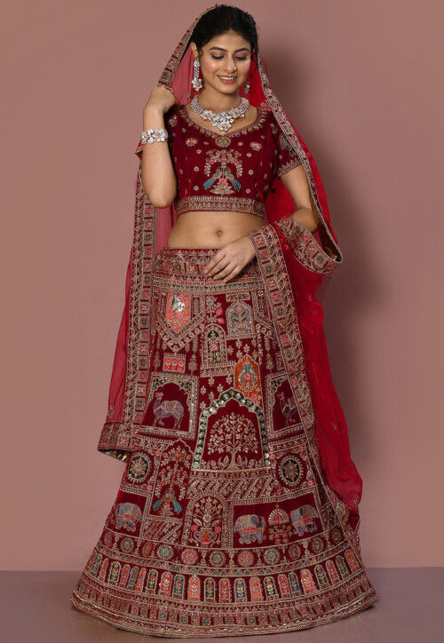 Embroidered Velvet Lehenga in Maroon