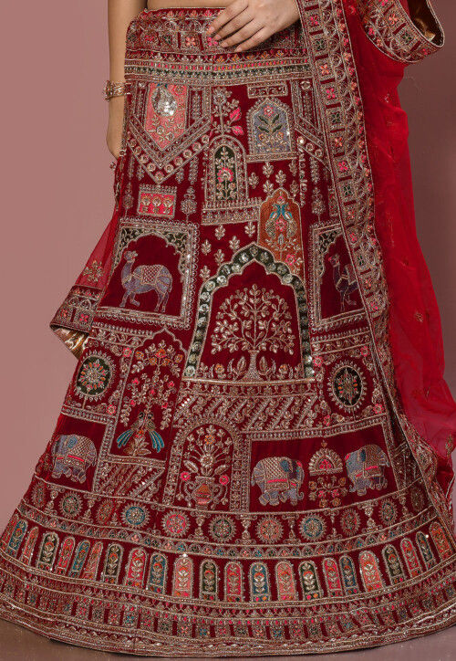 Embroidered Velvet Lehenga in Maroon